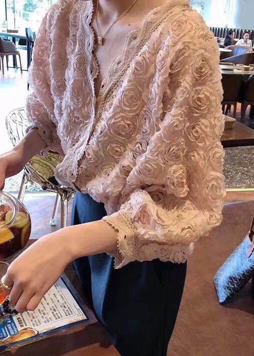 Pink V Neck Button Lace Blouses Bracelet Sleeve