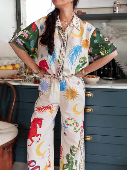 Short Sleeve Unique Print Loose Shirt and Elastic Waist Pants Set
