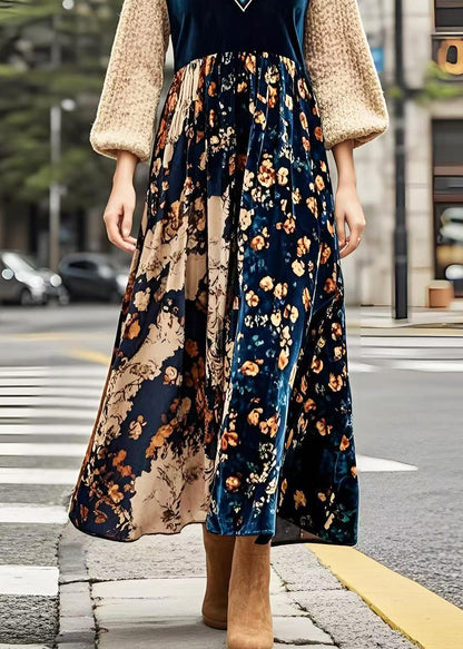 V Neck Patchwork Print Silk Velvet Maxi Dresses Spring