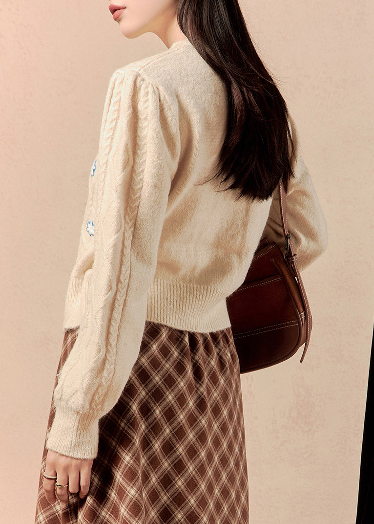Beige Button Lace Up Knit Sweater Winter