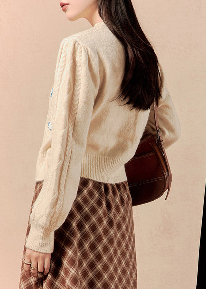Beige Button Lace Up Knit Sweater Winter