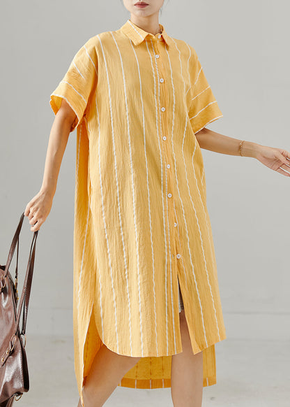 Yellow Striped Low High Design Cotton Dresses Summer