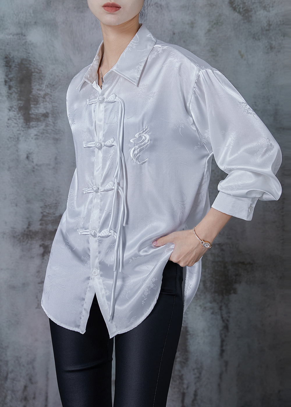 White Draping Silk Shirts Tasseled Chinese Button Spring