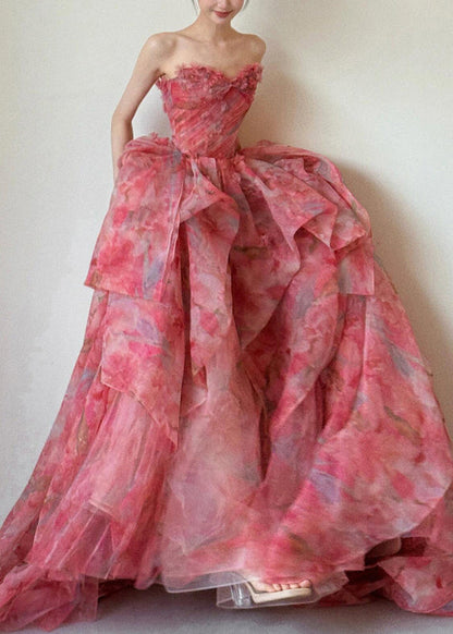 Strapless Print High Waist Chiffon Exra Large Hem Dresses Sleeveless