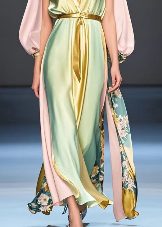 Boutique Gradient Color Cinched Patchwork Silk Long Dress Fall