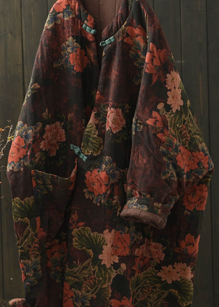 Red Pockets Print Oriental Button Fine Cotton Filled Coat Winter