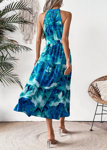 Blue Print Tie Waist Cotton Dresses Sleeveless