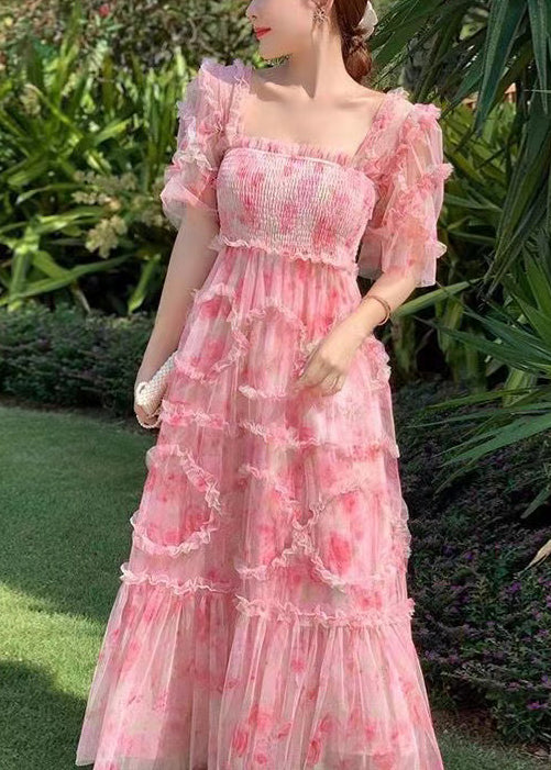 Pink Ruffled Patchwork Print Tulle Holiday Dress Summer