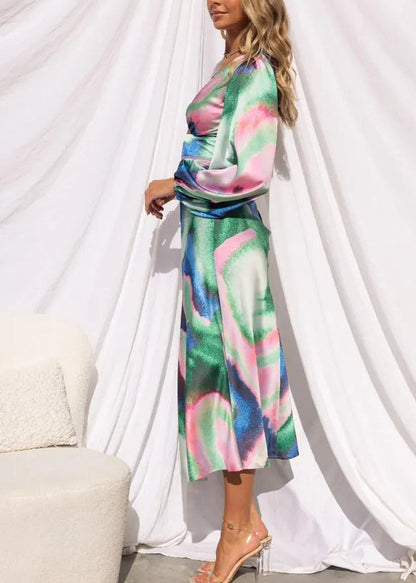 French Yellow V Neck Hollow Out Tie Dye Silk Long Dress Spring