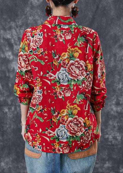 Diy Red Oversized Print Cotton Blouse Top Spring