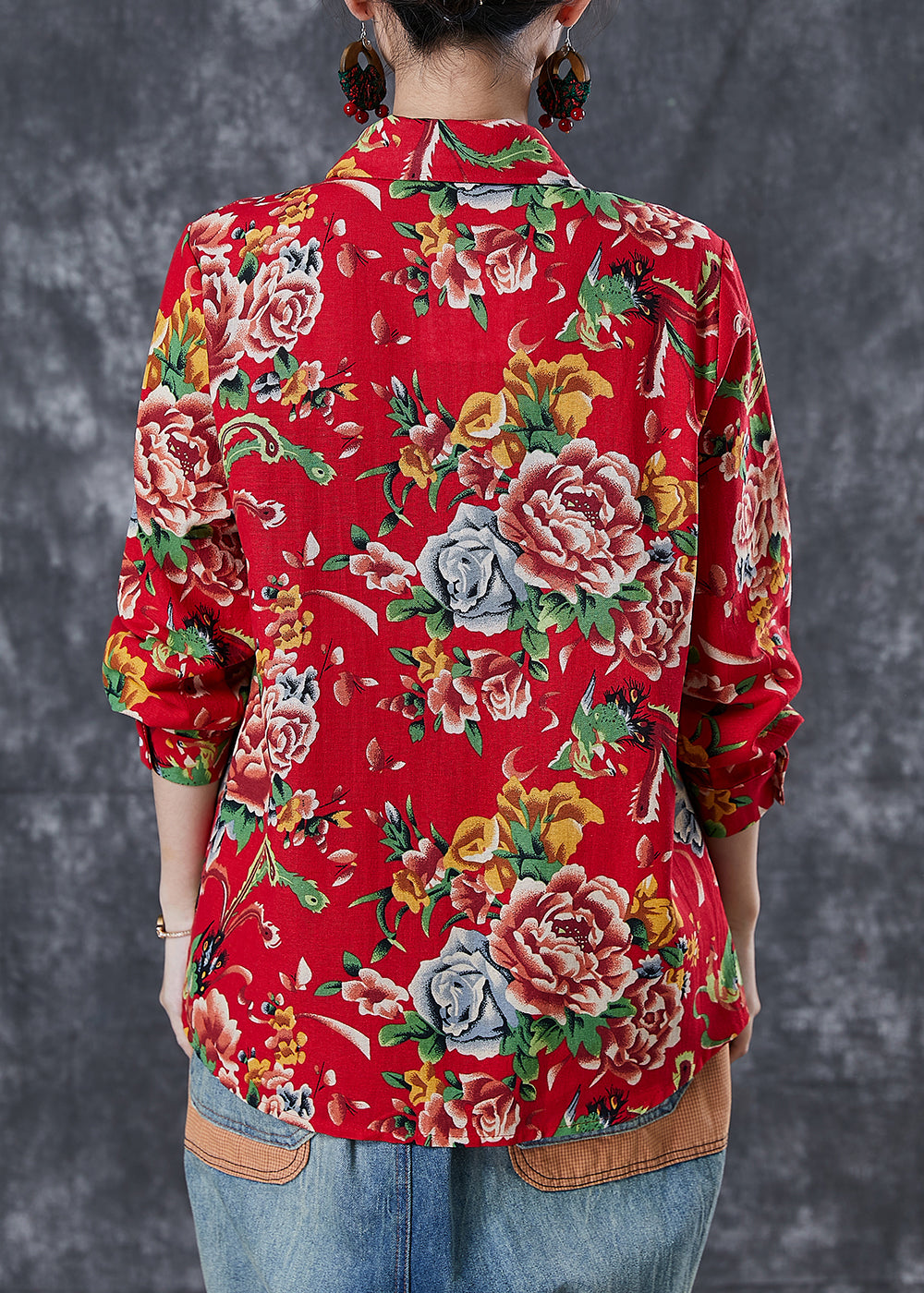 Diy Red Oversized Print Cotton Blouse Top Spring