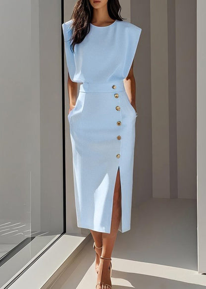 White O Neck Side Open Cotton Long Dress Sleeveless