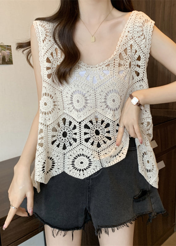 White Hollow Out Oversized Knit Vests Summer
