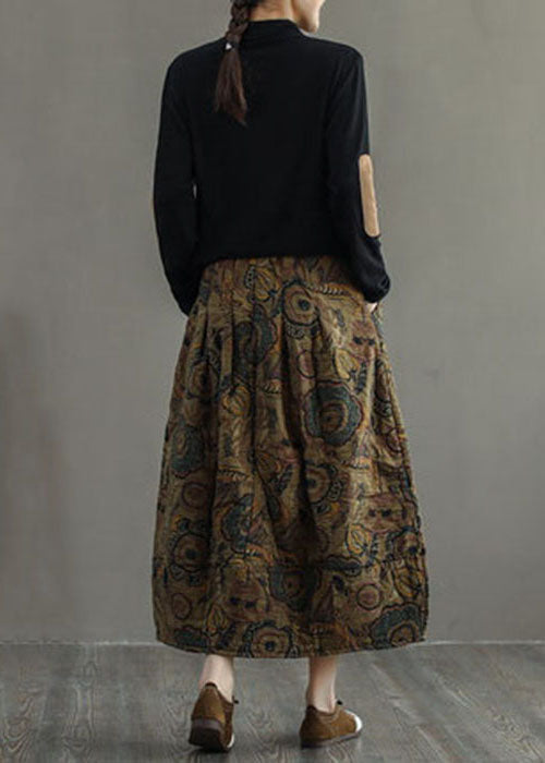 Grey- Elastic Waist Patchwork Print Fine Cotton Filled Skirt Winter
