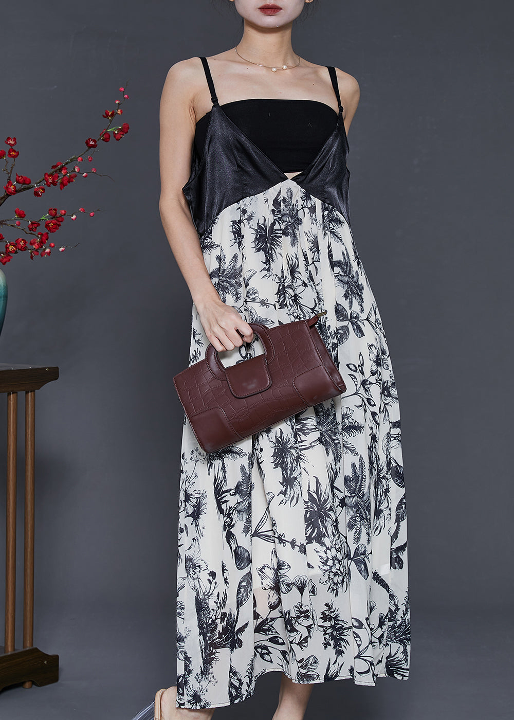 White Print Patchwork Chiffon Bustier Top Dress Summer