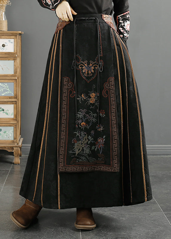 Chinese Style Yellow Edge Tasseled Embroideried Cotton Skirts Fall