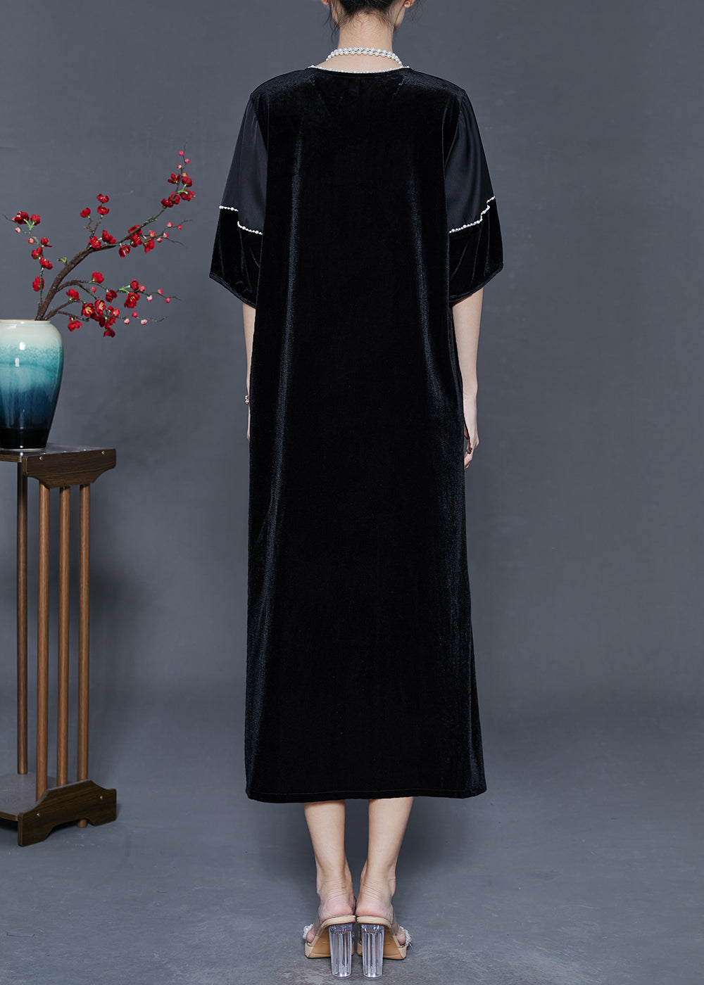 Black Oversized Side Open Silk Velvet Party Dress Summer