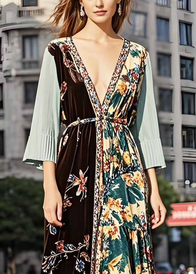 Boutique Deep-v Neck Patchwork Silk Velvet Holiday Dresses Bracelet Sleeve