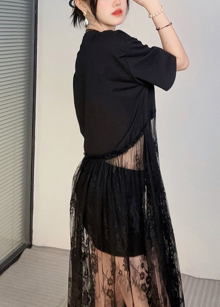 Black Oversized Patchwork Lace Robe Dresses Summer