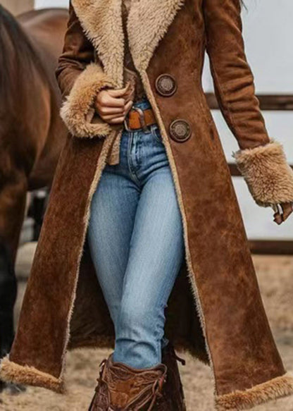 Brown Peter Pan Collar Patchwork Fleece Wool Lined Coat Outwear Spring