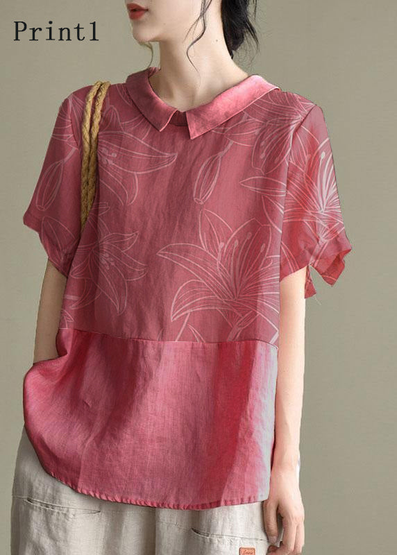 Simple Blue Hem Peter Pan Collar Patchwork Summer Linen Blouses