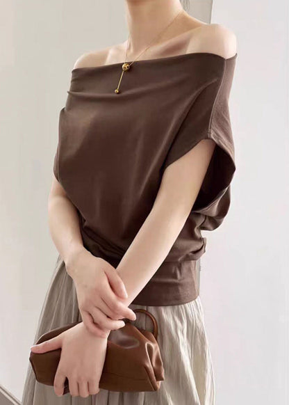 Coffee Cotton Summer T Shirts Cold Shoulder