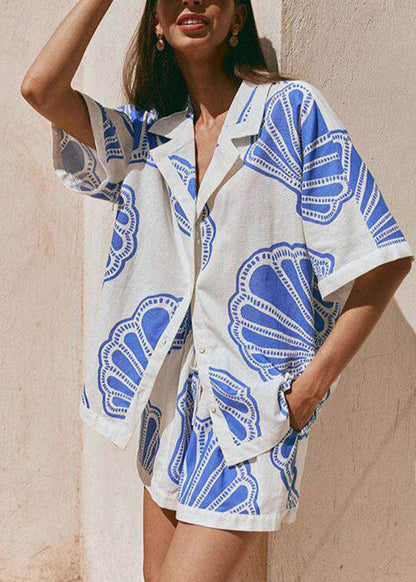 Blue Notched Print Shirts and Shorts Pajama Set
