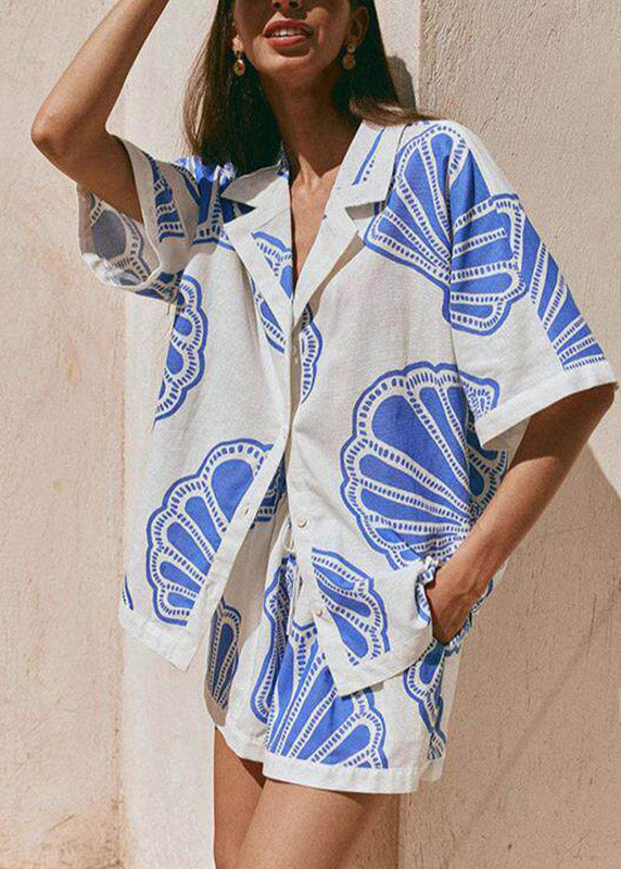 Blue Notched Print Shirts and Shorts Pajama Set
