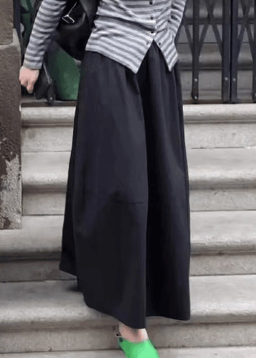 Art Black Pockets Elastic Waist Cotton Skirt Fall