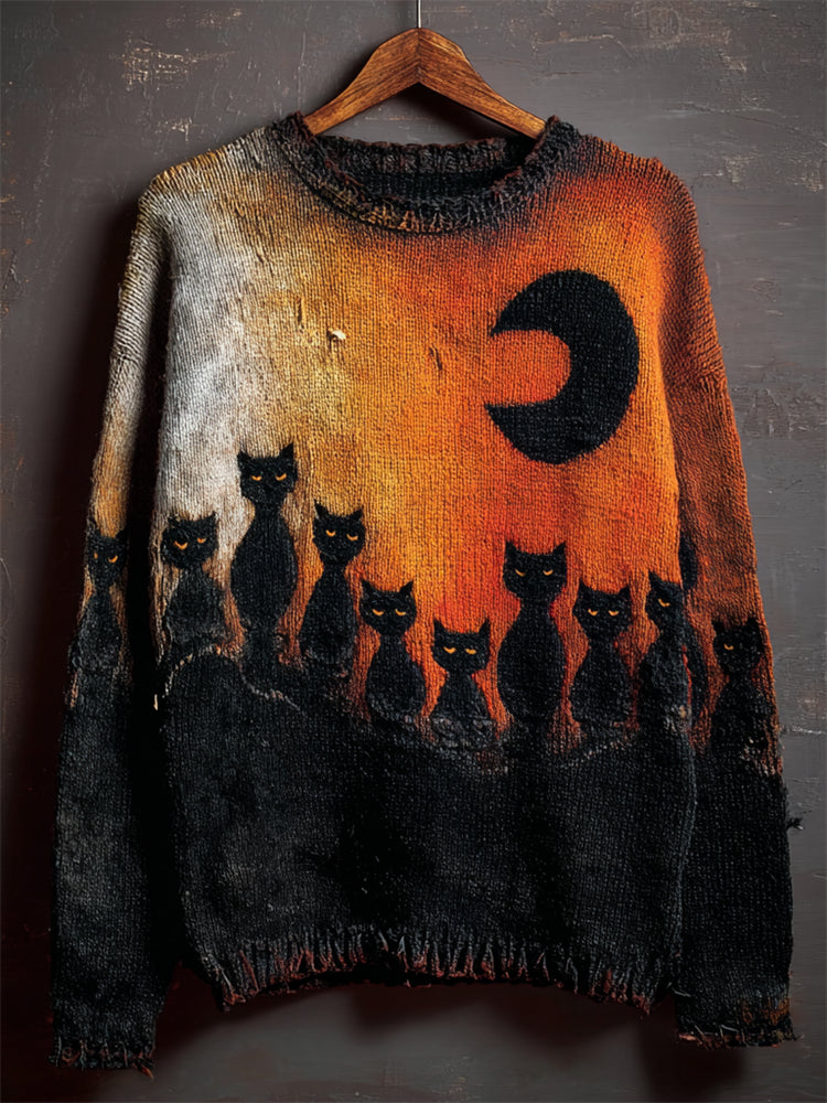 Halloween Night Black Cats Contrast Cozy Knit Sweater