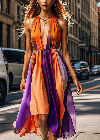 Orange Deep-v Neck Patchwork Silk Halter Dress Summer