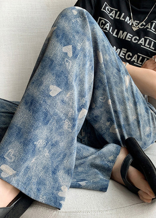 Blue Elastic Waist Tie Dye Silk Straight Pants Spring