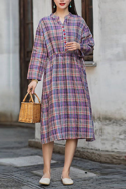 -new Cotton Linen Plaid Dress Long Skirt