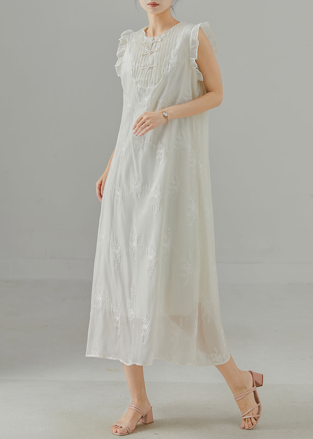 Diy White Embroidered Chinese Button Chiffon Dress Sleeveless