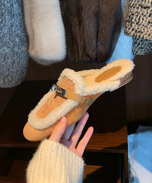 Yellow Slippers Shoes Splicing Fuzzy Wool Lined