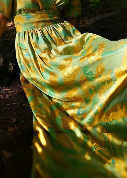 Organic Light Green V Neck Print Silk Dresses Summer