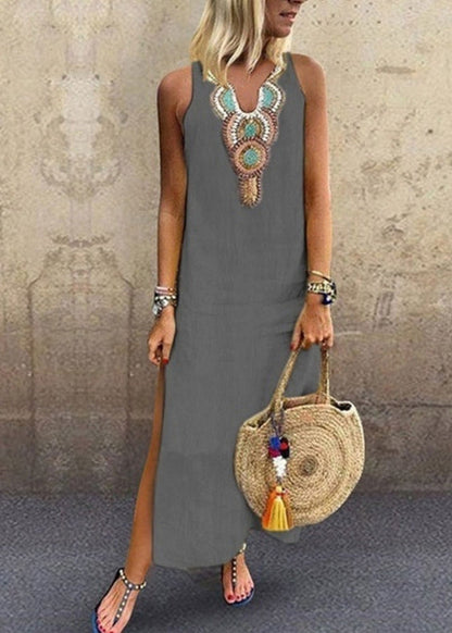 Yellow V Neck Embroidered Cotton Long Dress Sleeveless
