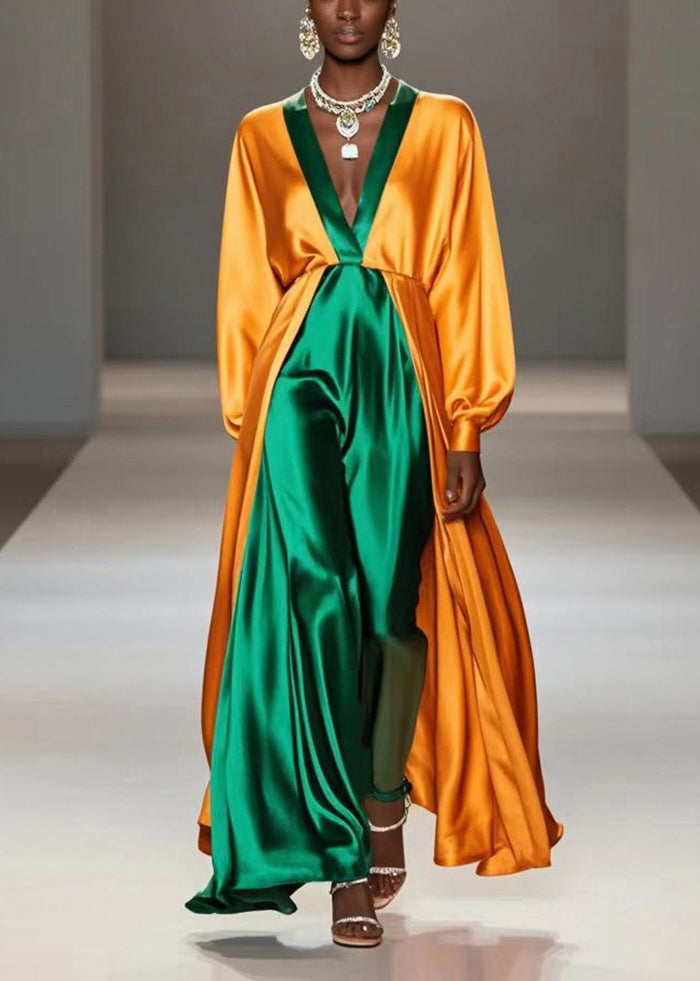 Yellow V Neck Patchwork Silk Fake Two Piece Long Dress Fall