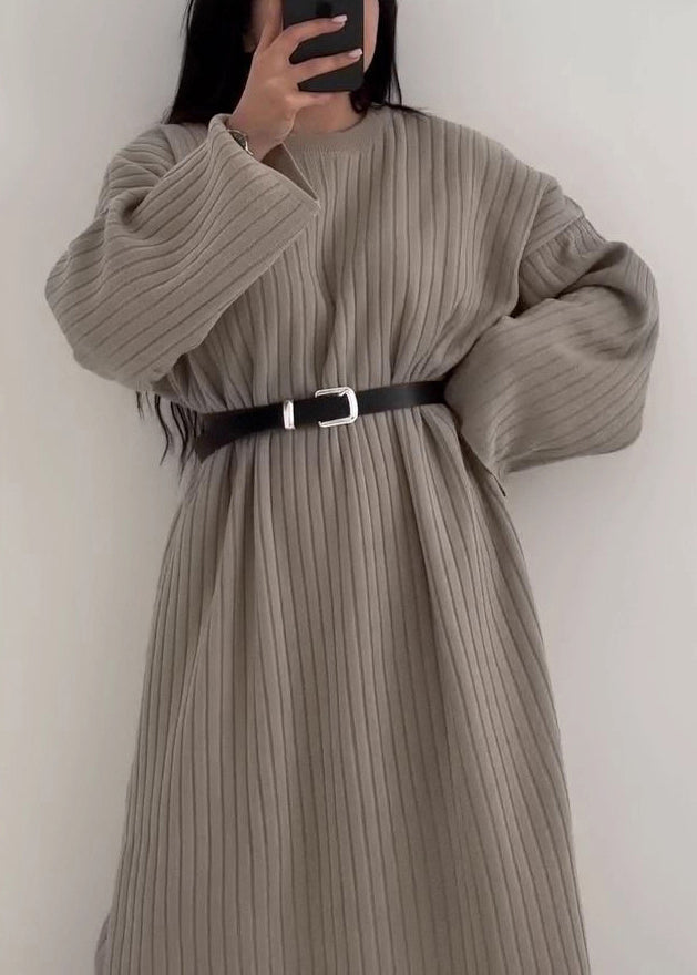 Grey O Neck Long Knit Sweaters Dress Fall