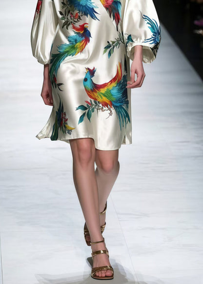 V Neck Phoenix Print Silk Work Dress Bracelet Sleeve