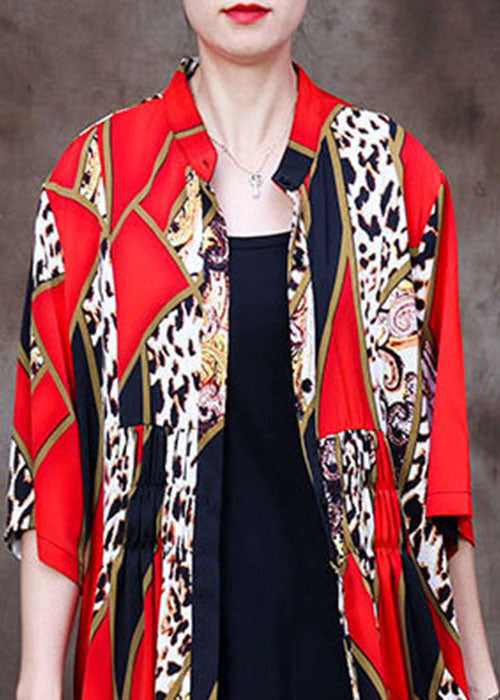 Red Stand Collar Leopard Print Chiffon Long Cardigans Summer
