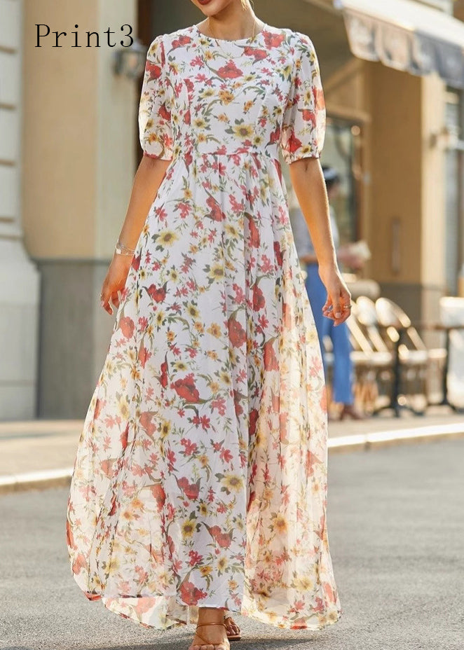 O Neck Print High Waist Cotton Long Dress Summer