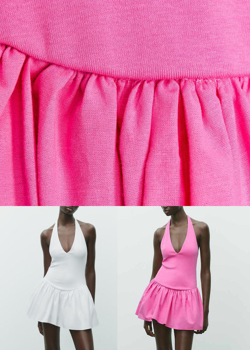 White Wrinkled Cotton Mini Dress Backless Summer