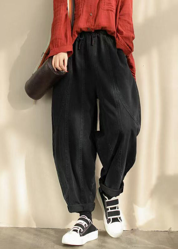 Orange Pockets Elastic Waist Cotton Harem Pants Spring