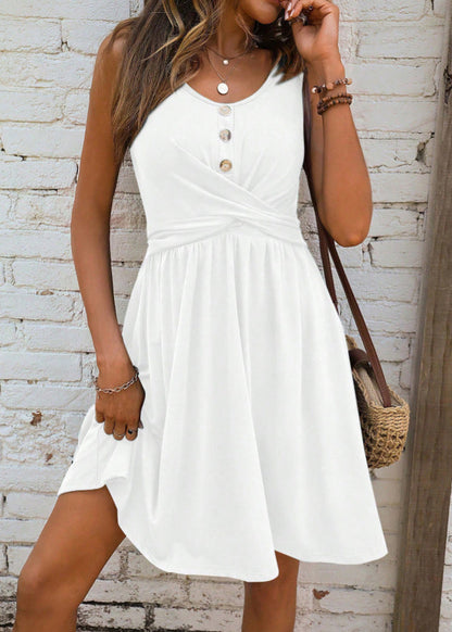 New Pink O Neck Wrinkled Cotton Mid Dress Sleeveless