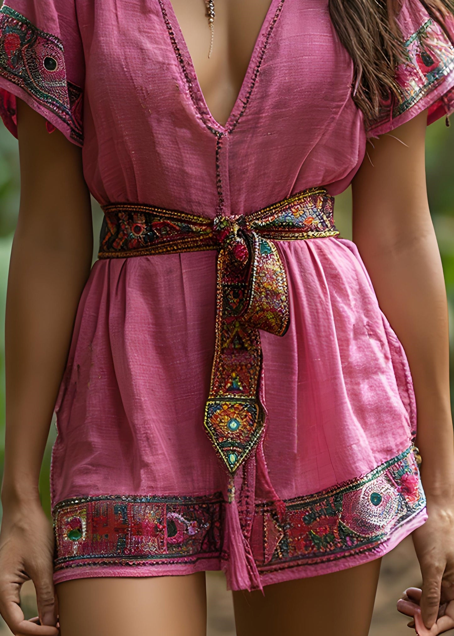 Pink V Neck Lace Up Patchwork Cotton Mid Dresses Summer
