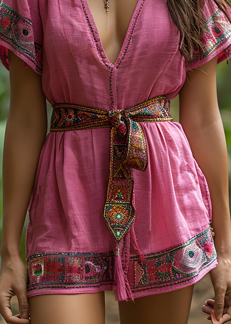 Pink V Neck Lace Up Patchwork Cotton Mid Dresses Summer