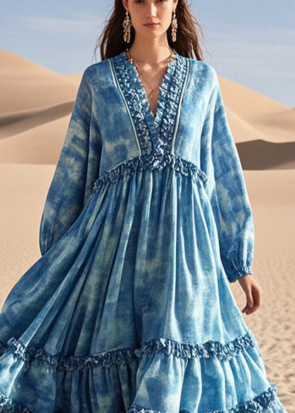 Fine Blue Ruffled Tie Dye Exra Large Hem Cotton Dress Fall