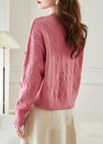 Pink Hollow Out Knit Sweaters Fall