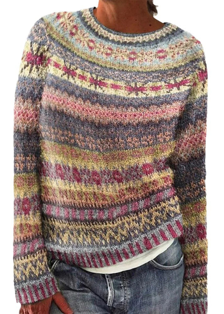 Italian Light Purple O Neck Print Knit Sweaters Fall